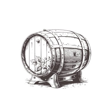 Vector wooden barrel. Hand drawn vintage illustration in engraved style. Alcohol, wine, beer or whiskey old wood keg.