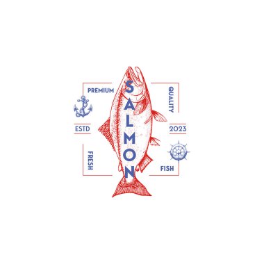 Vector salmon vintage logo on a white background. Atlantic, chinook, sockeye and pink salmon fish illustrations