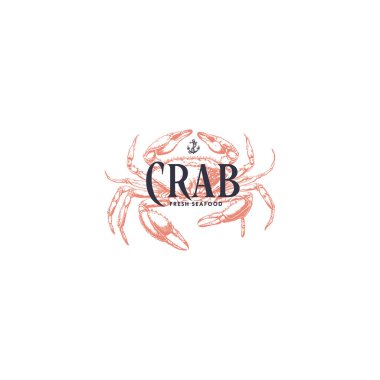 Logo template with an image of a crab drawn by graphic lines on a light background. Retro emblem for the menu of fish restaurants, markets and shops. Vector vintage