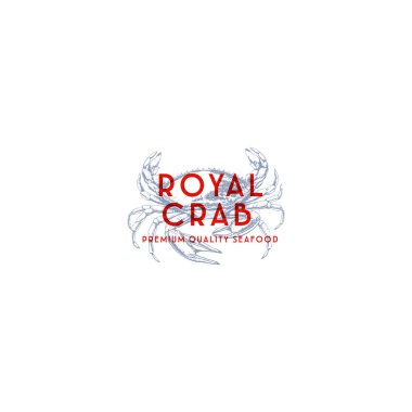 Logo template with an image of a crab drawn by graphic lines on a light background. Retro emblem for the menu of fish restaurants, markets and shops. Vector vintage