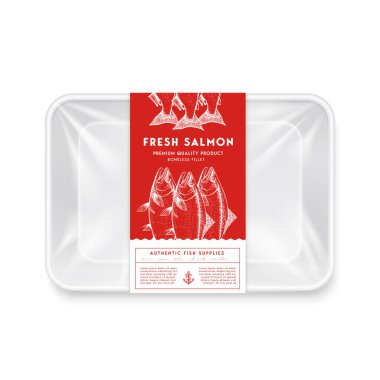 Premium Kalite somon. Selofan kapak ambalaj tasarım etiketi ile soyut vektör balık plastik tepsi. Modern tipografi ve elle çizilmiş somon siluet arka plan düzen.
