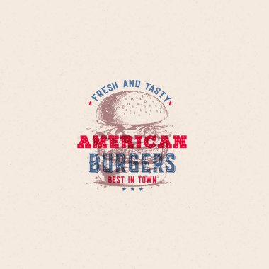 Engraving logo burger silhouette and modern vintage typography hand drawn style vector illustration. Hamburger label