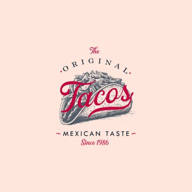 Hand drawn logo tacos silhouette and modern vintage typography retro style vector illustration. Taco tortilla label for fast food packaging and restaurant menu