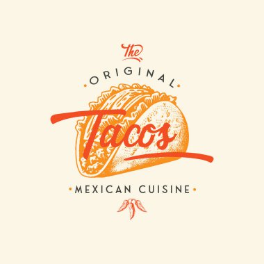 Hand drawn logo tacos silhouette and modern vintage typography retro style vector illustration. Taco tortilla label for fast food packaging