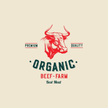 Animal Portrait Organic Meat Abstract Vector Packaging Design or Label Template. Farm Grown Beef Steaks Banner. Modern Typography and Hand Drawn Cow Head Sketch Background