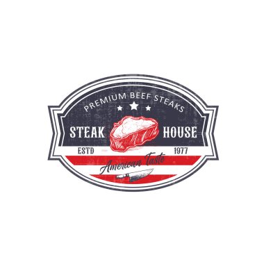 Flash Anlık Biftek Soyut Vintage Vektör Amblemi, Etiketi veya Logo Şablonu. Yıldırım Konsepti İllüstrasyonlu Et, Retro Yazdırma Efekti, Typography and Shabby Doku.