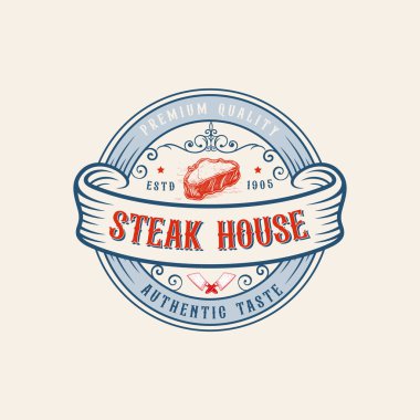 Flash Anlık Biftek Soyut Vintage Vektör Amblemi, Etiketi veya Logo Şablonu. Yıldırım Konsepti İllüstrasyonlu Et, Retro Yazdırma Efekti, Typography and Shabby Doku. İzole edilmiş.