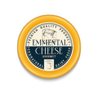 Vektör Emmental Peynir Vintage etiketi ve ambalaj tasarım şablonu, peynir ayrıntılı simgeleri.