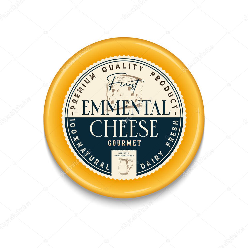 Vector Emmental cheese vintage round label and packaging design template, cheese detailed icons.