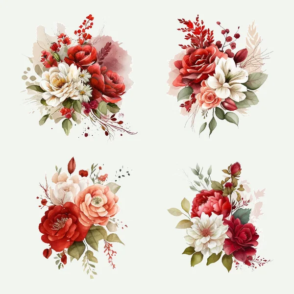 Ensemble Branches Florales Rose Rose Fleur Feuilles Vertes Concept Mariage — Image vectorielle