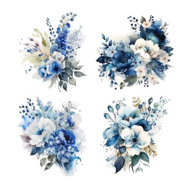 Çiçek dalı seti. Çiçek mavisi gül, yeşil yapraklar. Çiçekli düğün konsepti. Çiçek posteri, davet. Tebrik kartı için vektör düzenlemeleri