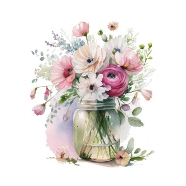 Vazo suluboya vektör elementler dizaynlı çiçek buketi. Morumsu çiçekler, yapraklar, dallar. Selamlama, kart, davetiye, el ilanı, pankart için tasarım.