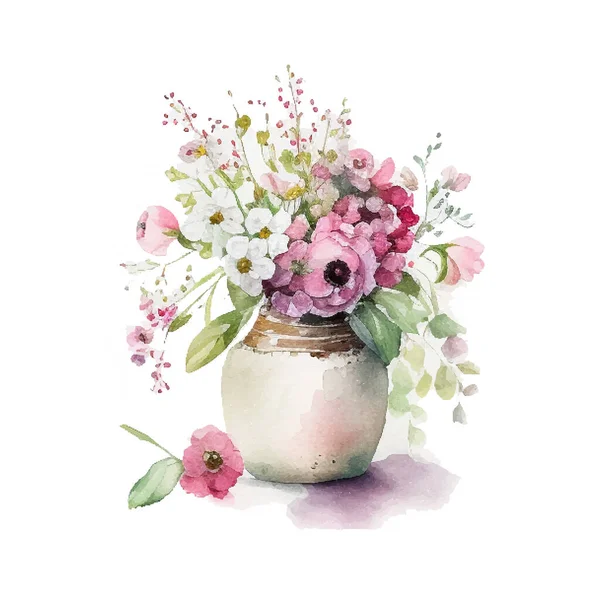 Blumenstrauß Mit Vase Aquarell Vektorelemente Design Kollektion Magenta Blumen Blätter — Stockvektor