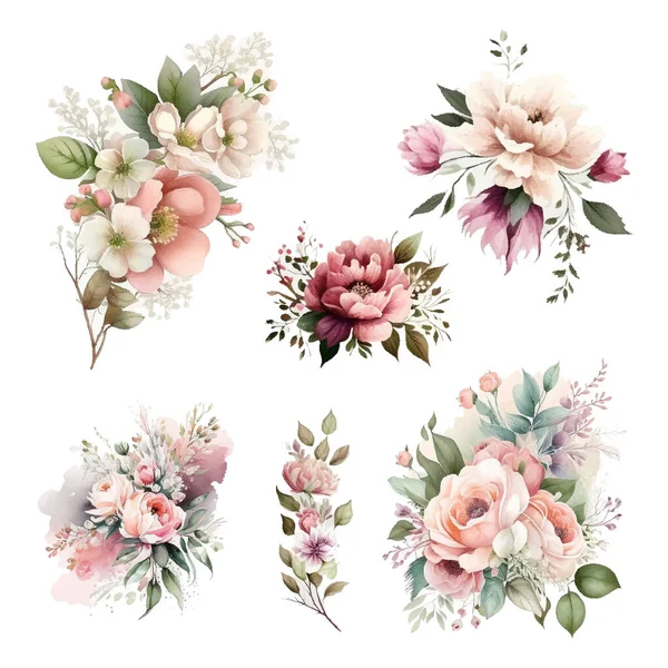 Набор Цветочных Веток Роза Розовая Зеленые Листья Свадебная Концепция Цветами — стоковый вектор