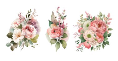Çiçek dalı seti. Çiçek pembe gül, yeşil yapraklar. Çiçekli düğün konsepti. Çiçek posteri, davet. Tebrik kartı veya davet için vektör düzenlemeleri