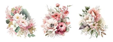 Çiçek dalı seti. Çiçek pembe gül, yeşil yapraklar. Çiçekli düğün konsepti. Çiçek posteri, davet. Tebrik kartı veya davet için vektör düzenlemeleri