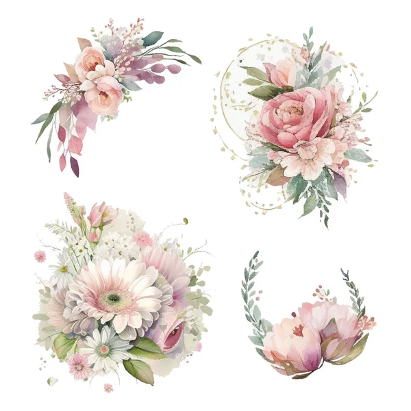 Set of floral branch. Flower pink rose, green leaves. Wedding concept with flowers. Floral poster, invite. Vector arrangements for greeting card or invitation