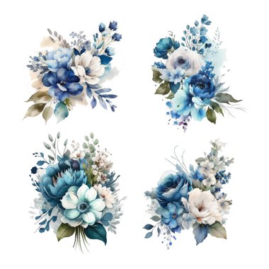 Klasik mavi, beyaz gül, beyaz ortanca, ranunculus, anemon, deve dikeni çiçekleri izole edilmiş.