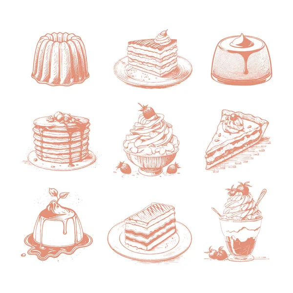 Skizze Set Von Dessert Gebäckbonbons Sammlung Isoliert Auf Weißem Hintergrund — Stockvektor