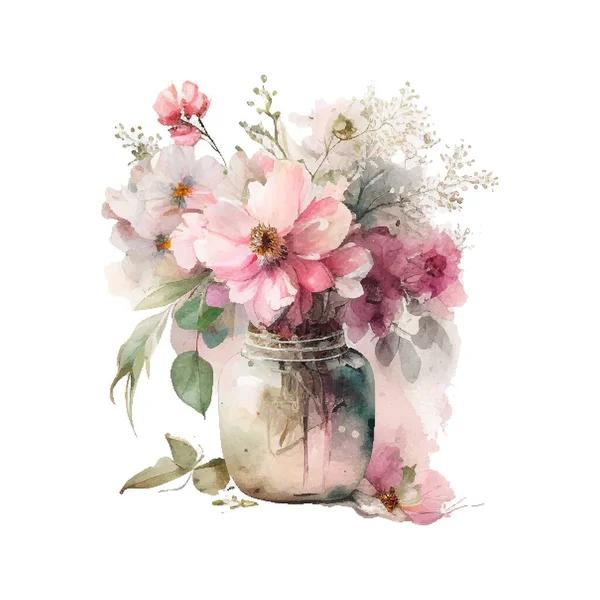 Bouqet Aquarelle Avec Des Fleurs Roses Blanches Sauvages Dans Vase — Image vectorielle