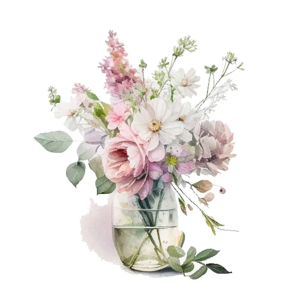花瓶に野生のピンクと白の花と水彩小石 コレクションマゼンタの花 カード 招待状のデザイン — ストックベクタ