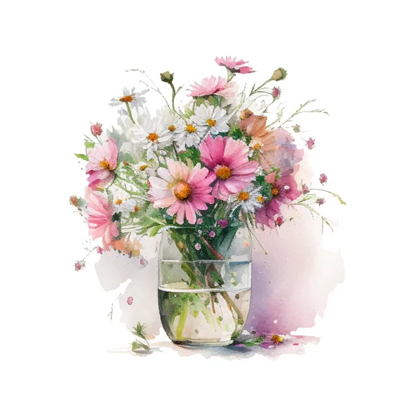水彩花 花瓶里有野性的粉红色和白色花朵 收集洋红色的花 邀请函的设计 — 图库矢量图片