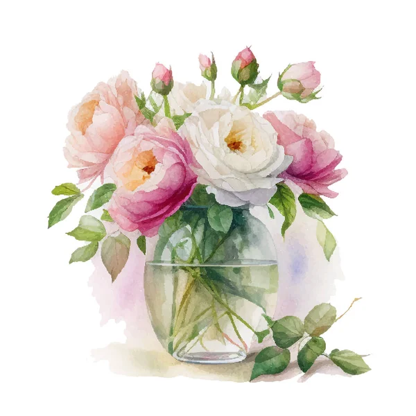 Akvarell Bukett Med Vilda Rosa Och Vita Blommor Vas Kollektion — Stock vektor