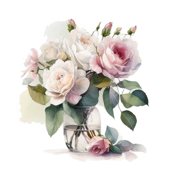 Bouqet Aquarela Com Flores Rosa Branco Selvagens Vaso Coleção Flores — Vetor de Stock