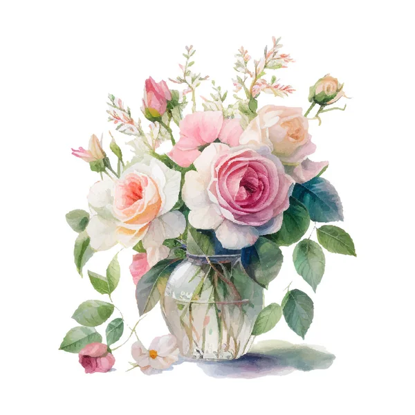 Aquarellstrauß Mit Wildrosa Und Weißen Blüten Der Vase Sammlung Magenta — Stockvektor