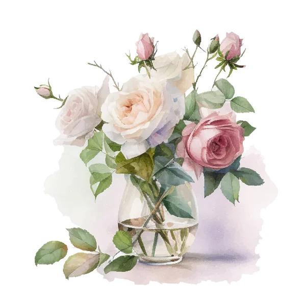 Aquarel Bouqet Met Wilde Roze Witte Bloemen Vaas Verzamelen Magenta — Stockvector