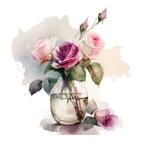 Aquarellstrauß Mit Wildrosa Und Weißen Blüten Der Vase Sammlung Magenta — Stockvektor