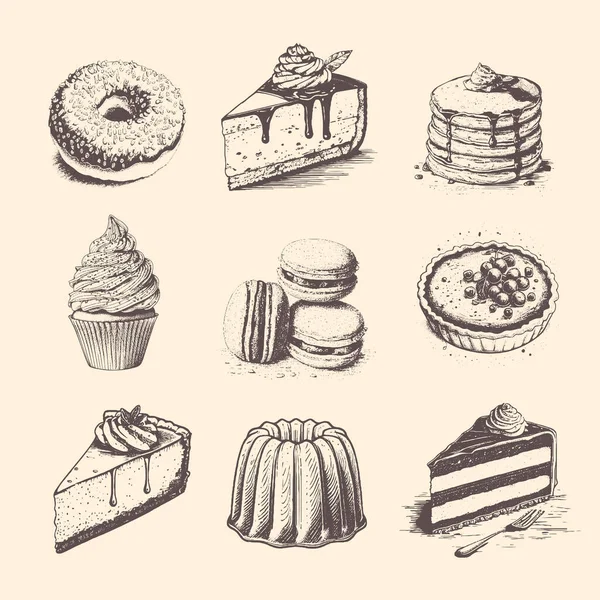 Skizze Set Von Dessert Gebäck Süßigkeiten Sammlung Isoliert Auf Weißem — Stockvektor