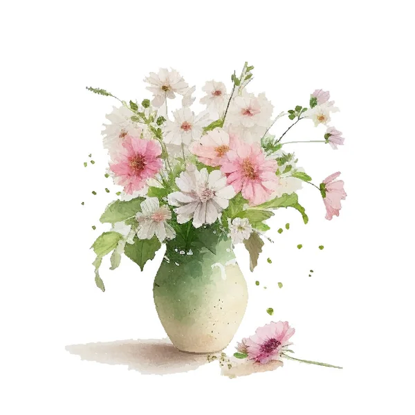 Aquarell Strauß Mit Wildrosa Und Weißen Blumen Der Vase — Stockvektor