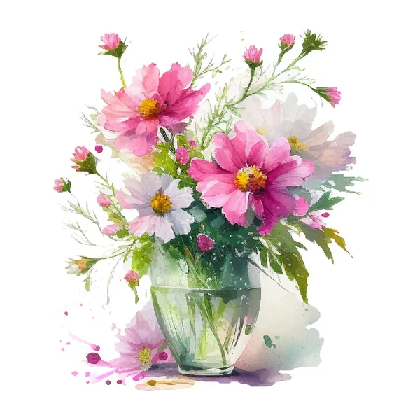 Watercolor Bouqet Wild Pink White Flowers Vase — Stock Vector