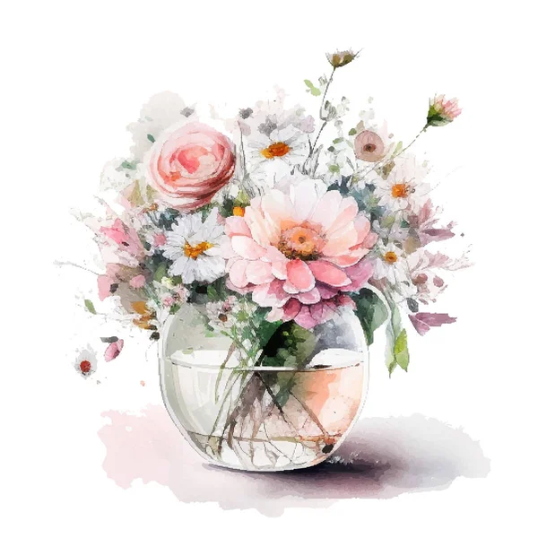 Aquarell Strauß Mit Wildrosa Und Weißen Blumen Der Vase — Stockvektor