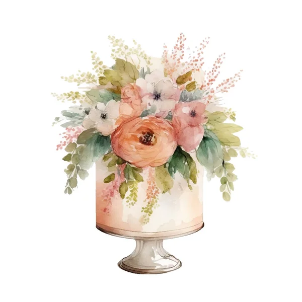Hochzeitsdekor Kollektion Handgezeichnete Feative Kuchen Blätter Blumen Und Schriftzüge Pastellfarben — Stockvektor