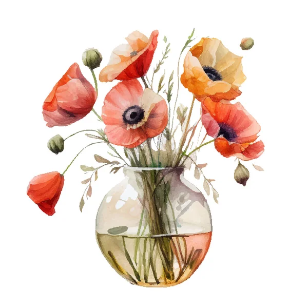カラフルな水彩白い背景の花瓶にポピーの花束の手描きのスケッチ ケシの花 — ストックベクタ
