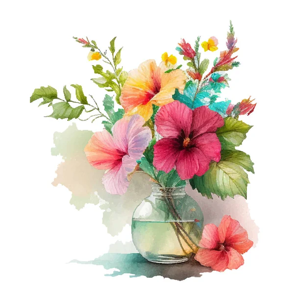 Aquarell Vektorhibiskusblüten Der Vase Isoliert — Stockvektor
