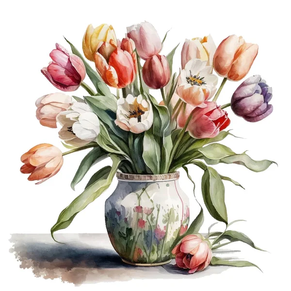 Kolorowy Akwarela Tulipany Bukiet Szklanym Wazonie — Wektor stockowy