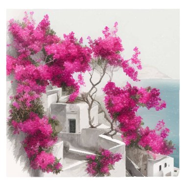 Suluboya Santorini Adası manzarası. Yunanistan yaz adası manzarası. Santorini el çizimi kare vektör