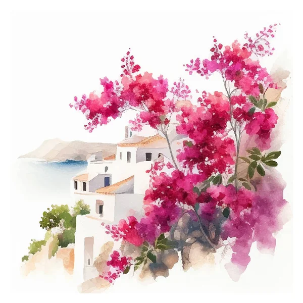 Akvarell Santorini Island Landskap Grekland Sommar Landskap Santorini Handritad Fyrkantig — Stock vektor