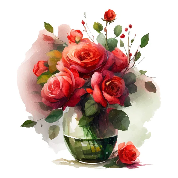 Aquarellstrauß Mit Roten Rosen Der Vase Sammlung Magenta Blumen Blätter — Stockvektor