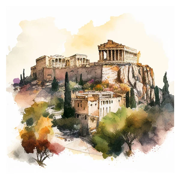 Etichetta Atene Con Acropoli Atene Disegnata Mano Iscrizione Atene Sfondo — Vettoriale Stock