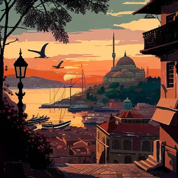 土耳其伊斯坦布尔市的景观 摘要城市景观 日落时以景点为主 — 图库矢量图片