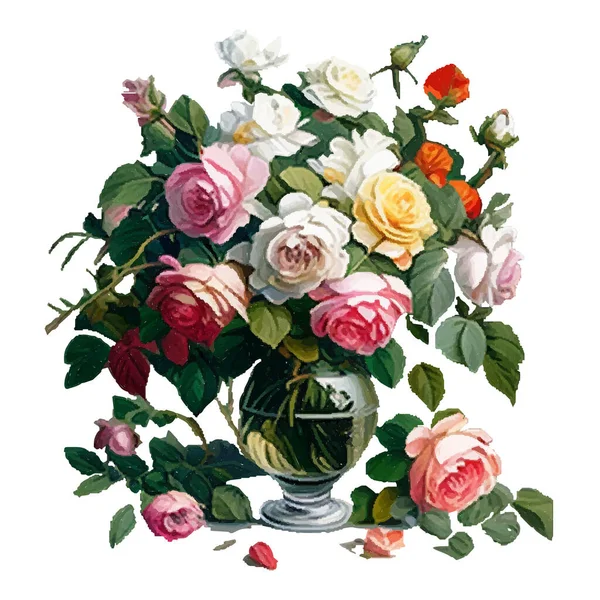 Vektorstrauß Mit Rosen Der Vase Sammlung Magenta Blumen Blätter Zweige — Stockvektor