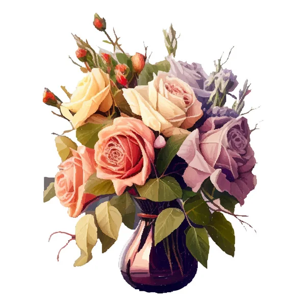 Векторный Букет Розами Вазе Коллекция Пурпурных Цветов Листьев Веток — стоковый вектор