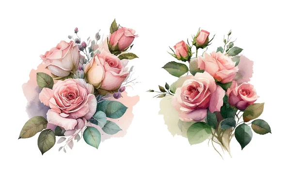 Акварель Розовые Цветы Розы Набор Цветочных Веток Роза Розовая Зеленые — стоковый вектор