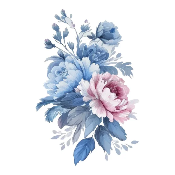 Vintage Watercolor Blue Pink Flowers Isolated — Stock Vector