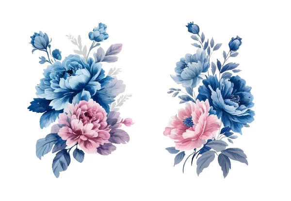 Vintage Acuarela Flores Azules Rosadas Aisladas — Vector de stock