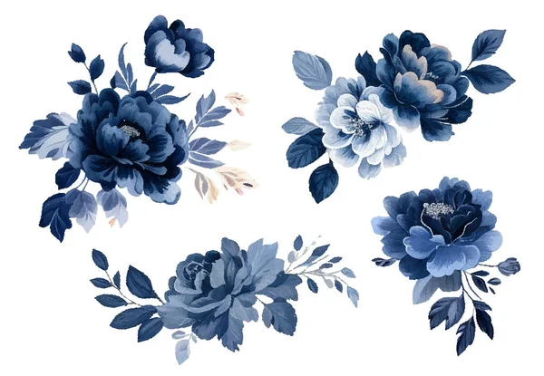 花の枝のセット 花海軍青バラ 花と結婚式の概念 花のポスター招待状 ベクトル — ストックベクタ